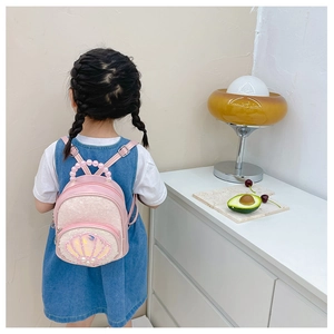 Toddler girl pink sequin shell backpack featuring a decorative pearl handle and adjustable straps