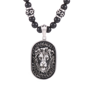 Retro stainless steel lion head pendant necklace with black beads and star accents