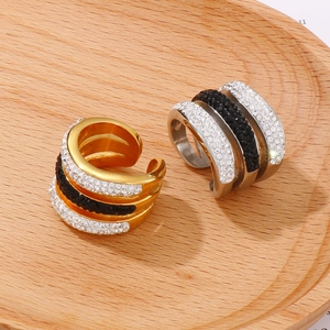 Three-layer geometric gold and silver wide ear cuffs with black and white zircon stones