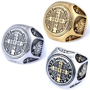 St. Benedict Medal Ring Stainless Steel Vintage Religious Signet Band Catholic Relief Cross Jewelry For Men Women