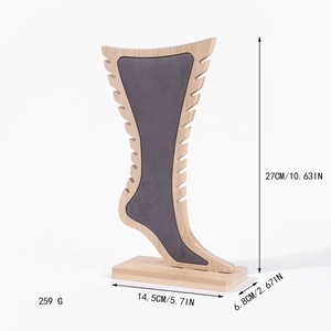 Bamboo foot-shaped anklet and jewelry display stand with dimensions and weight specs