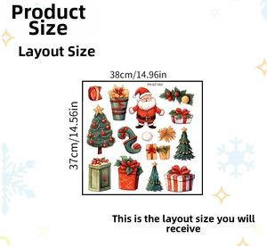 Detailed layout sheet for Christmas stickers showing Santa and tree with 38x37cm dimensions