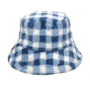 Close-up of soft blue and white plaid faux fur texture on the thick winter bucket hat