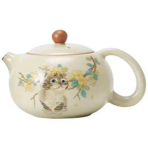 Ru-kiln ceramic teapot featuring cute cat and yellow flower patterns on white background
