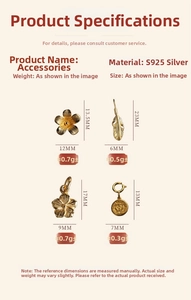 Size chart for S925 sterling silver flower and feather pendants with gold plating