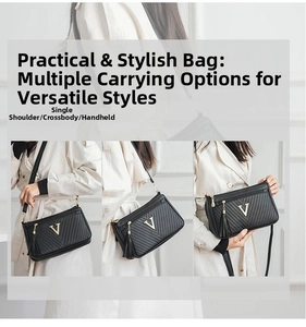 Women fashion black shoulder cross body bag with metal V logo and stylish tassel charm.