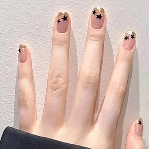 Press On Nails Star Pattern French Tip Nude Pink Short Round Removable Reusable Full Cover Fake Nails With Glue For Women