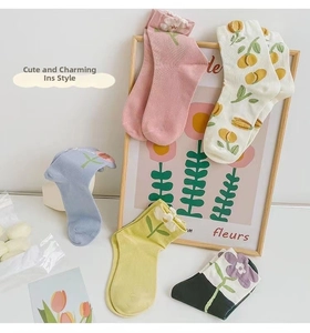 Detail of floral knit mid-calf socks showing various colors and 3D petal patterns