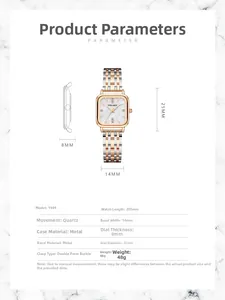 Spécifications de taille pour montre à cadran carré et bracelet en métal détaillé