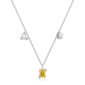 S925 sterling silver Leo necklace with rectangular yellow gemstone and constellation coin