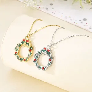 Christmas Wreath Pendant Necklace Stainless Steel Enamel Bow Bell Rhinestone Holiday Jewelry Gift For Women