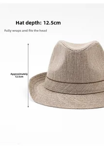 Detail of 12.5cm deep crown fedora hat showing textured woven fabric and brown ribbon