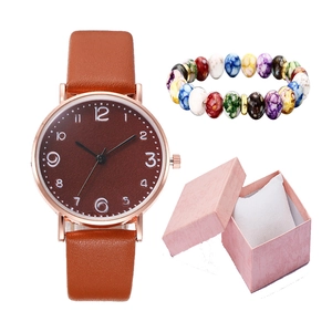 Brown leather strap quartz watch with colorful beaded bracelet in a pink gift box set