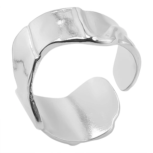Detailed macro view of silver irregular crumpled texture on an adjustable open ring band