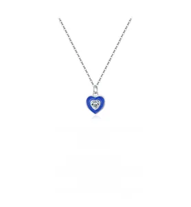 Detail of S925 silver heart necklace with blue enamel and sparkling zircon stone