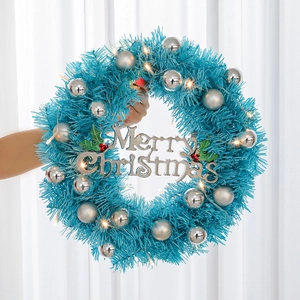 Blue Christmas Wreath With Silver Balls LED Warm Lights Merry Christmas Sign Holiday Door Wall Hanging Decor