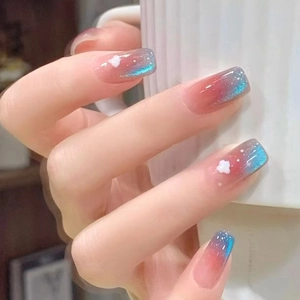 Cat Eye Press On Nails Gradient Blue French Sky Cloud Star Shimmer Coffin Shape ABS Detachable Fake Nails