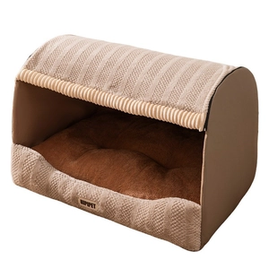 Semi-enclosed tunnel pet bed with striped plush top and thick warm cushion for cats and dogs