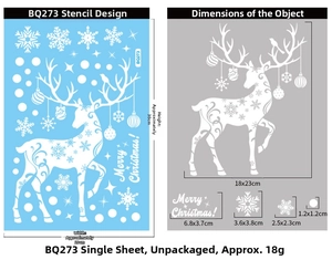 Detailed size guide of Christmas elk and snowflake window clings with Merry Christmas text