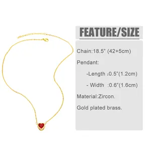 Detailed size specifications for heart pendant necklace with gold plated brass chain