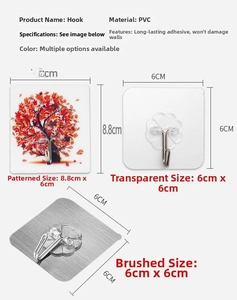Strong adhesive PVC wall hooks in transparent, silver and maple leaf patterns with measurements