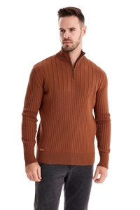 Detailed view of caramel brown knit sweater featuring ribbed texture and half-zip collar