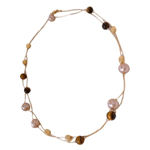 Bohemian multilayer pearl and tiger eye stone necklace with vintage gold accents