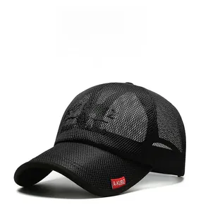 Detail shot of breathable black mesh baseball cap with red A-KUBIZ brand label on the brim