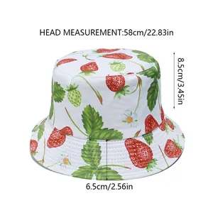 Size chart showing head measurement 58cm, brim 6.5cm for strawberry print bucket hat