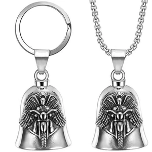 Gothic skull wings motorcycle bell pendant shown as keychain and necklace accessory