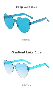 Side view of heart-shaped rimless sunglasses in dark lake blue and gradient blue