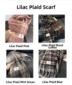 Detail of plaid scarf featuring soft tassels and brand label in four color variants