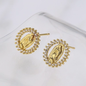 Elegant 18K gold plated Virgin Mary oval stud earrings with sparkling zircon borders