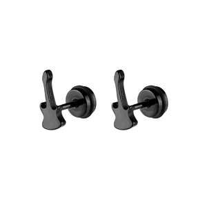 Creative black guitar-shaped stainless steel stud earrings with secure screw-back closure