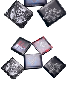 Collection of short bifold wallets with vintage skull and cross prints on black leather