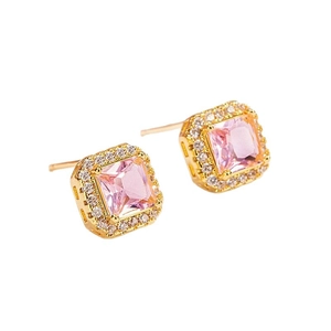Square pink zircon halo stud earrings with gold plating in a 45-degree side view
