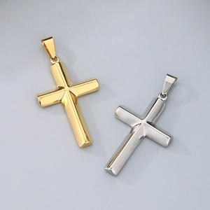 Polished stainless steel cross pendant necklaces in gold and silver finish for men