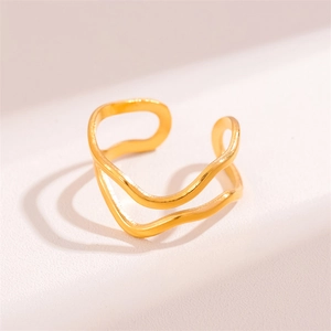 Elegant gold plated double-layer wavy open ring for women with minimalist water ripple design