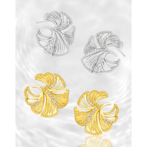 Elegant hollow ginkgo leaf S925 sterling silver stud earrings with zirconia stones