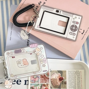 Acrylic Card Holder Camera Shape Clear Photocard Protective Sleeve Display Case With Spring Lanyard And Bear Charm