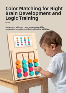 Close-up of a child playing with wooden Montessori color matching logic slide puzzle toy