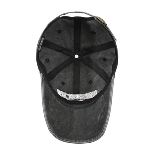 Inside view of vintage washed cotton baseball cap with brass buckle and sweatband