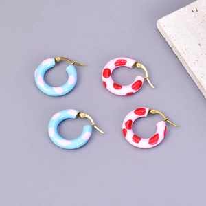 Polka dot enamel hoop earrings with 18k gold plating in blue and pink finish