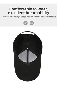 Detail view of the breathable mesh lining and inner construction of the black baseball cap