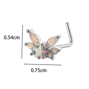 Detailed size chart of a silver L-shaped butterfly nose stud with iridescent gems
