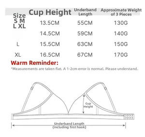 Size chart detail for rib-knit wireless bra showing cup height and bottom length measurements