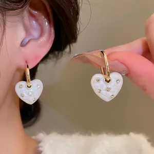 French style heart drop earrings with marble resin and sparkling crystal inlays