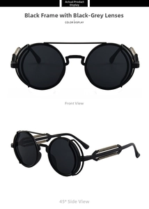 Detail view of steampunk round sunglasses with double bridge and metal spring temples