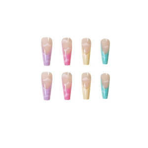 Rainbow cloud French press-on nails in long coffin shape with colorful glitter finish