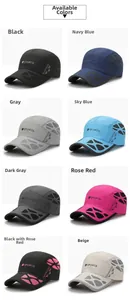 Detail view of quick-dry sports caps in eight colors featuring breathable mesh structure